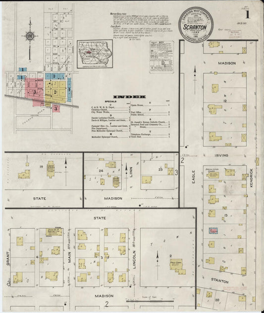 Sanborn Fire Insurance Map from Scranton, Greene County, Iowa (1915), Sheet #0001 - Historic Sanborn Fire Insurance Map Print, vintage old map wall art