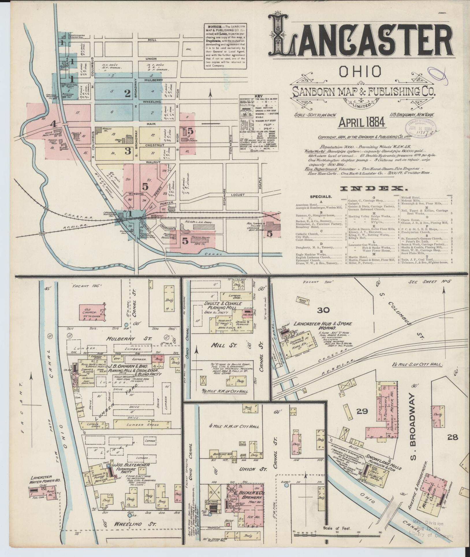 Sanborn Fire Insurance Map from Lancaster, Fairfield County, Ohio (1884), Sheet #0001 - Complete Map Set gallery image, historic Sanborn map, vintage wall art, Ohio Ohio