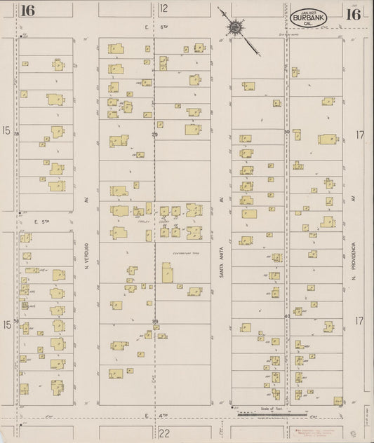 Sanborn Fire Insurance Map from Burbank, Los Angeles County, California (1923), Sheet #0016 - Historic Sanborn Fire Insurance Map Print, vintage old map wall art, antique decor, genealogy gift, California California map