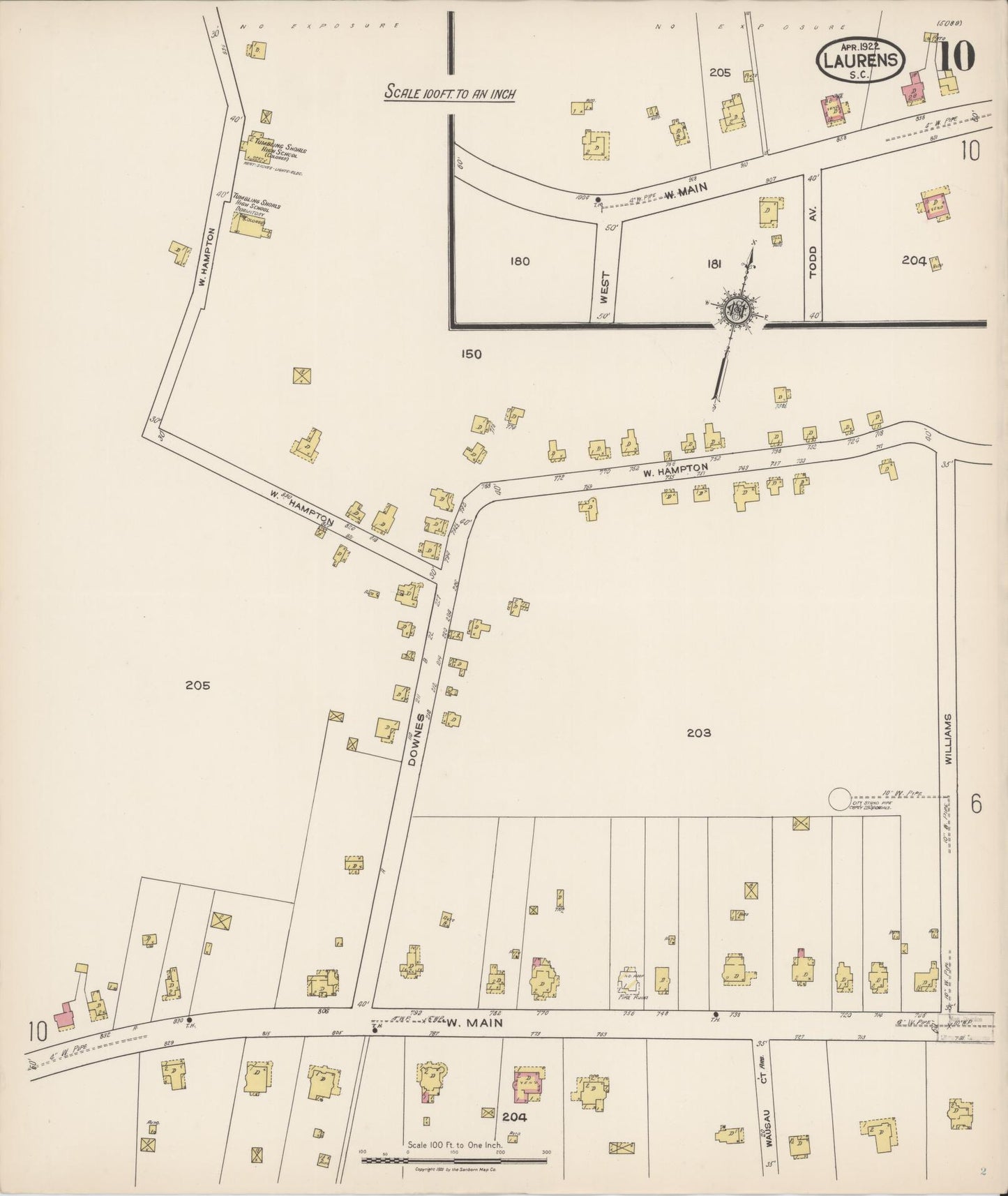 Sanborn Fire Insurance Map from Laurens, Laurens County, South Carolina (1922), Sheet #0010 - Complete Map Set gallery image, historic Sanborn map, vintage wall art, South Carolina South Carolina