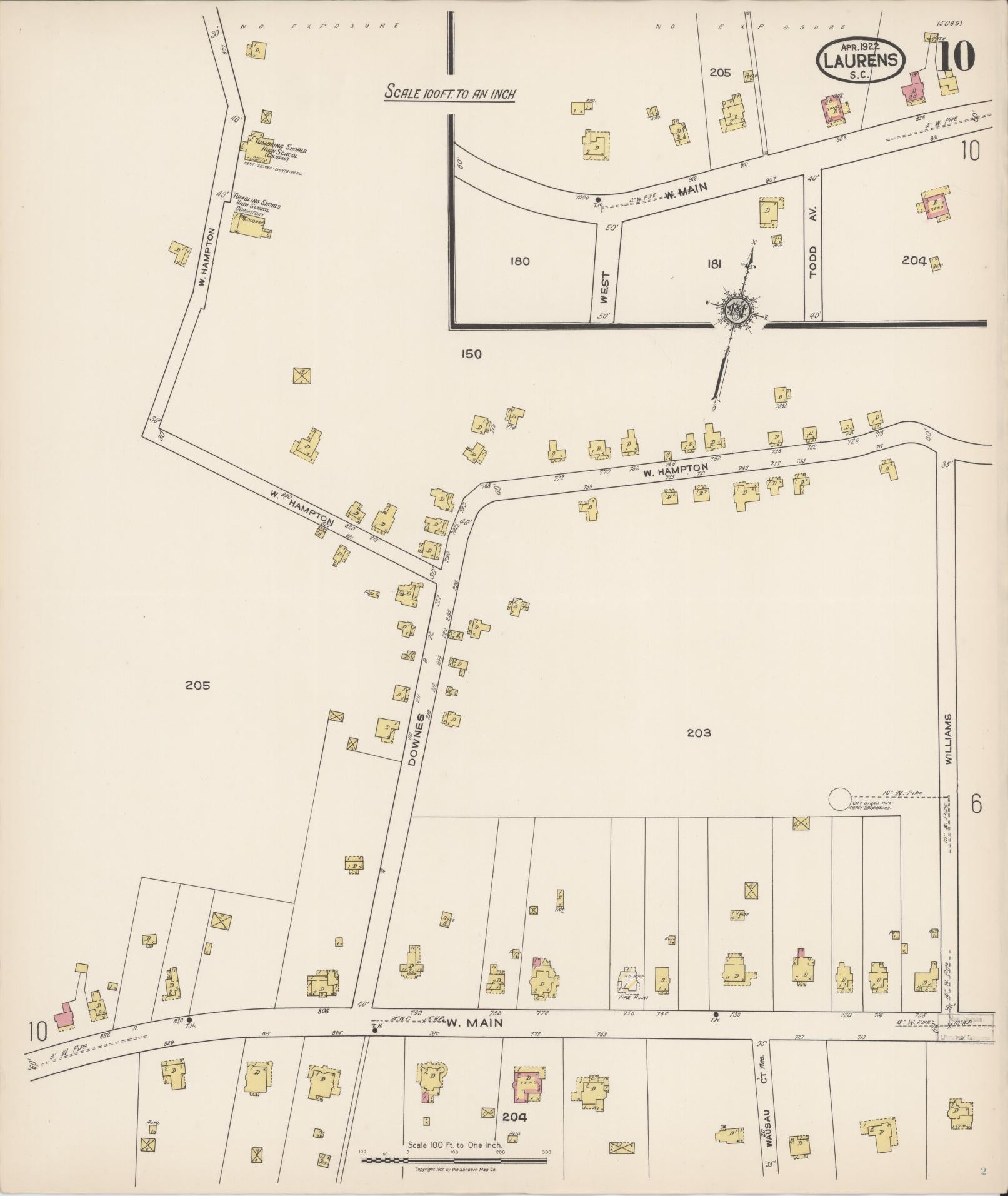 Sanborn Fire Insurance Map from Laurens, Laurens County, South Carolina (1922), Sheet #0010 - Complete Map Set gallery image, historic Sanborn map, vintage wall art, South Carolina South Carolina