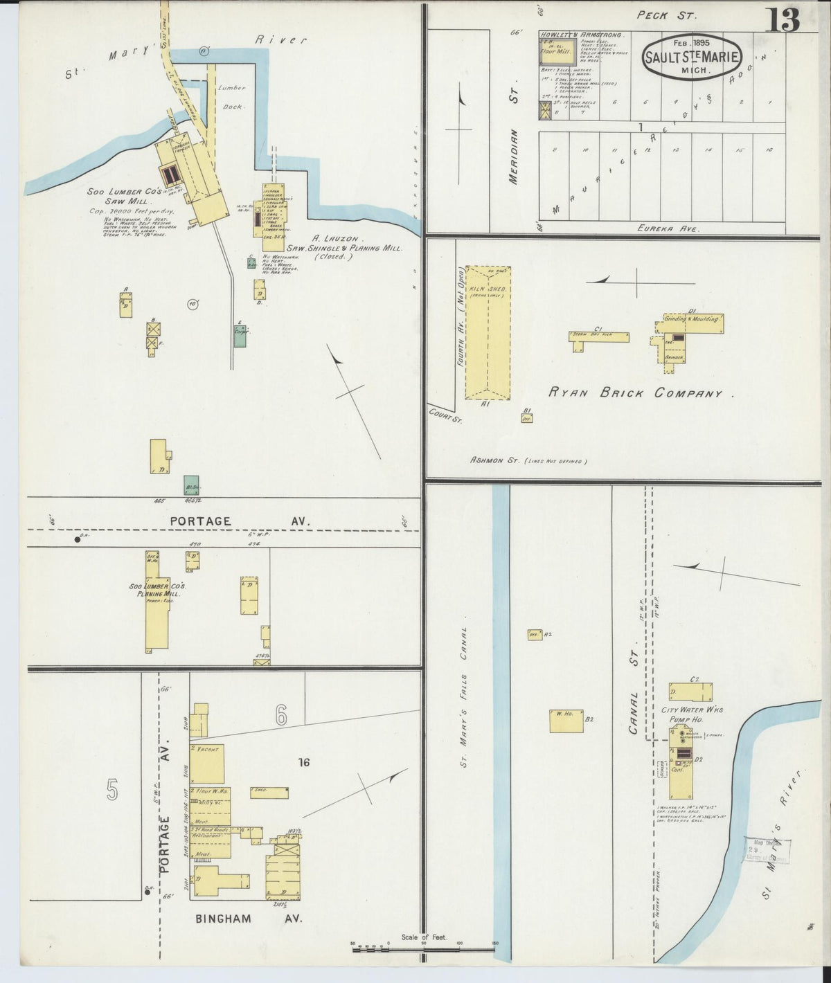 Sanborn Fire Insurance Map from Sault Sainte Marie, Chippewa County, Michigan (1895), Sheet #0013 - Historic Sanborn Fire Insurance Map Print, vintage old map wall art, antique decor, genealogy gift, Michigan Michigan map