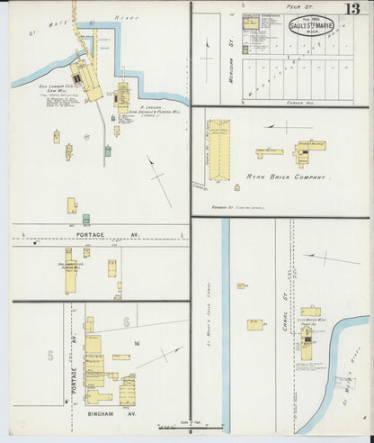 Sanborn Fire Insurance Map from Sault Sainte Marie, Chippewa County, Michigan (1895), Sheet #0013 - Historic Sanborn Fire Insurance Map Print, vintage old map wall art, antique decor, genealogy gift, Michigan Michigan map