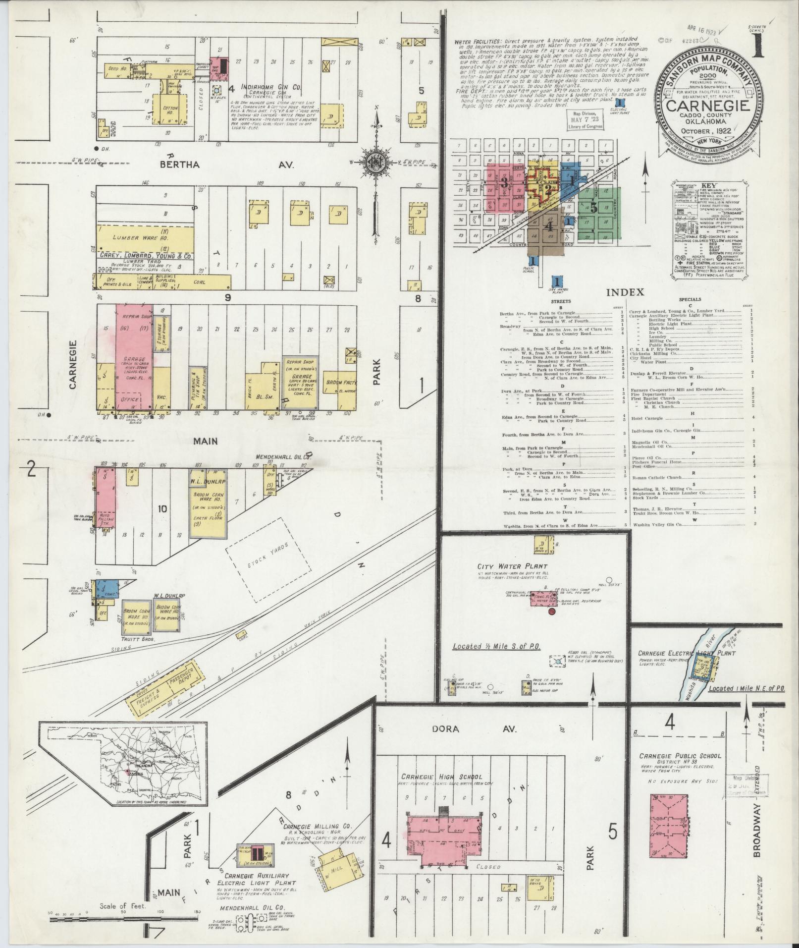 Sanborn Fire Insurance Map from Carnegie, Caddo County, Oklahoma (1922), Sheet #0001 - Historic Sanborn Fire Insurance Map Print, vintage old map wall art, antique decor, genealogy gift, Oklahoma Oklahoma map