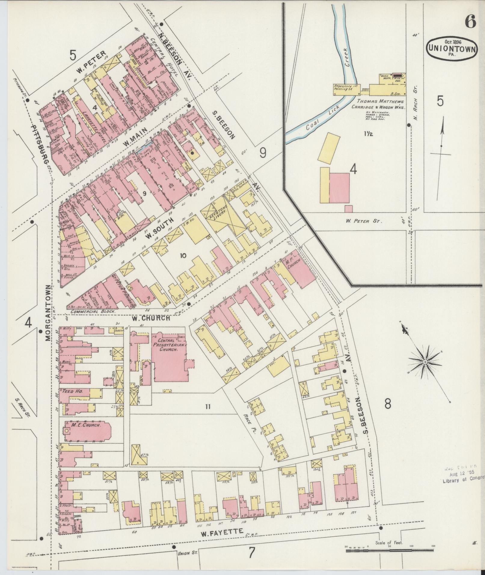Sanborn Fire Insurance Map from Uniontown, Fayette County, Pennsylvania (1896), Sheet #0006 - Historic Sanborn Fire Insurance Map Print, vintage old map wall art, antique decor, genealogy gift, Pennsylvania Pennsylvania map