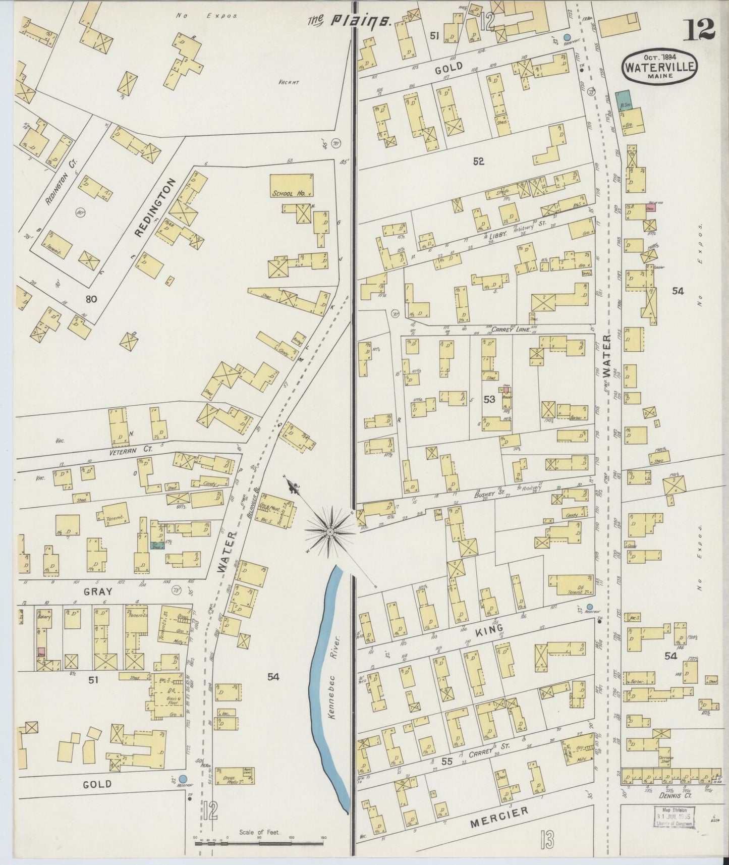 Sanborn Fire Insurance Map from Waterville, Kennebec County, Maine (1894), Sheet #0012 - Historic Sanborn Fire Insurance Map Print, vintage old map wall art, antique decor, genealogy gift, Maine Maine map