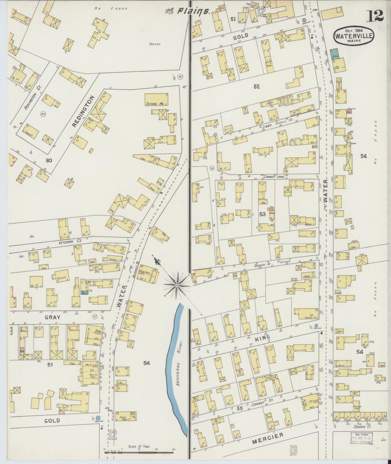 Sanborn Fire Insurance Map from Waterville, Kennebec County, Maine (1894), Sheet #0012 - Historic Sanborn Fire Insurance Map Print, vintage old map wall art, antique decor, genealogy gift, Maine Maine map