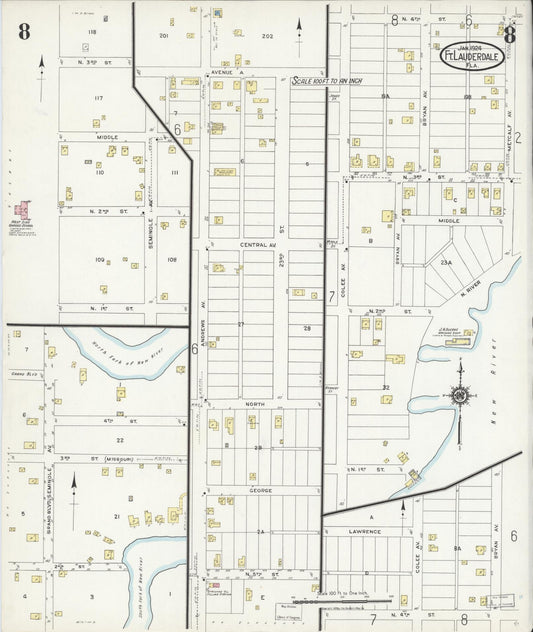 Sanborn Fire Insurance Map from Fort Lauderdale, Broward County, Florida (1924), Sheet #0008 - Historic Sanborn Fire Insurance Map Print, vintage old map wall art, antique decor, genealogy gift, Florida Florida map