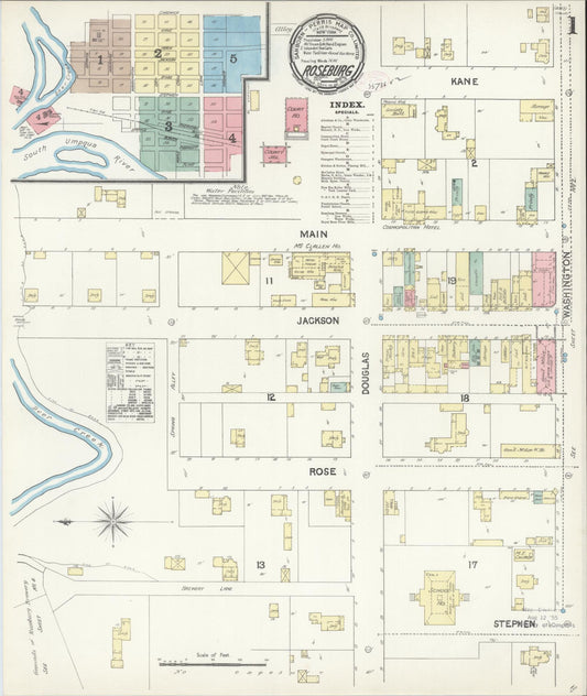 Sanborn Fire Insurance Map from Roseburg, Douglas County, Oregon (1890), Sheet #0001 - Historic Sanborn Fire Insurance Map Print, vintage old map wall art, antique decor, genealogy gift, Oregon Oregon map