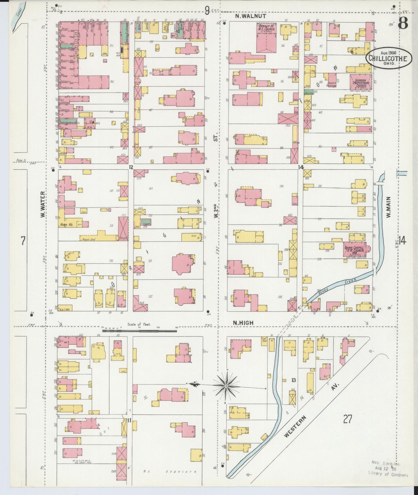 Sanborn Fire Insurance Map from Chillicothe, Ross County, Ohio (1900), Sheet #0008 - Historic Sanborn Fire Insurance Map Print, vintage old map wall art, antique decor, genealogy gift, Ohio Ohio map