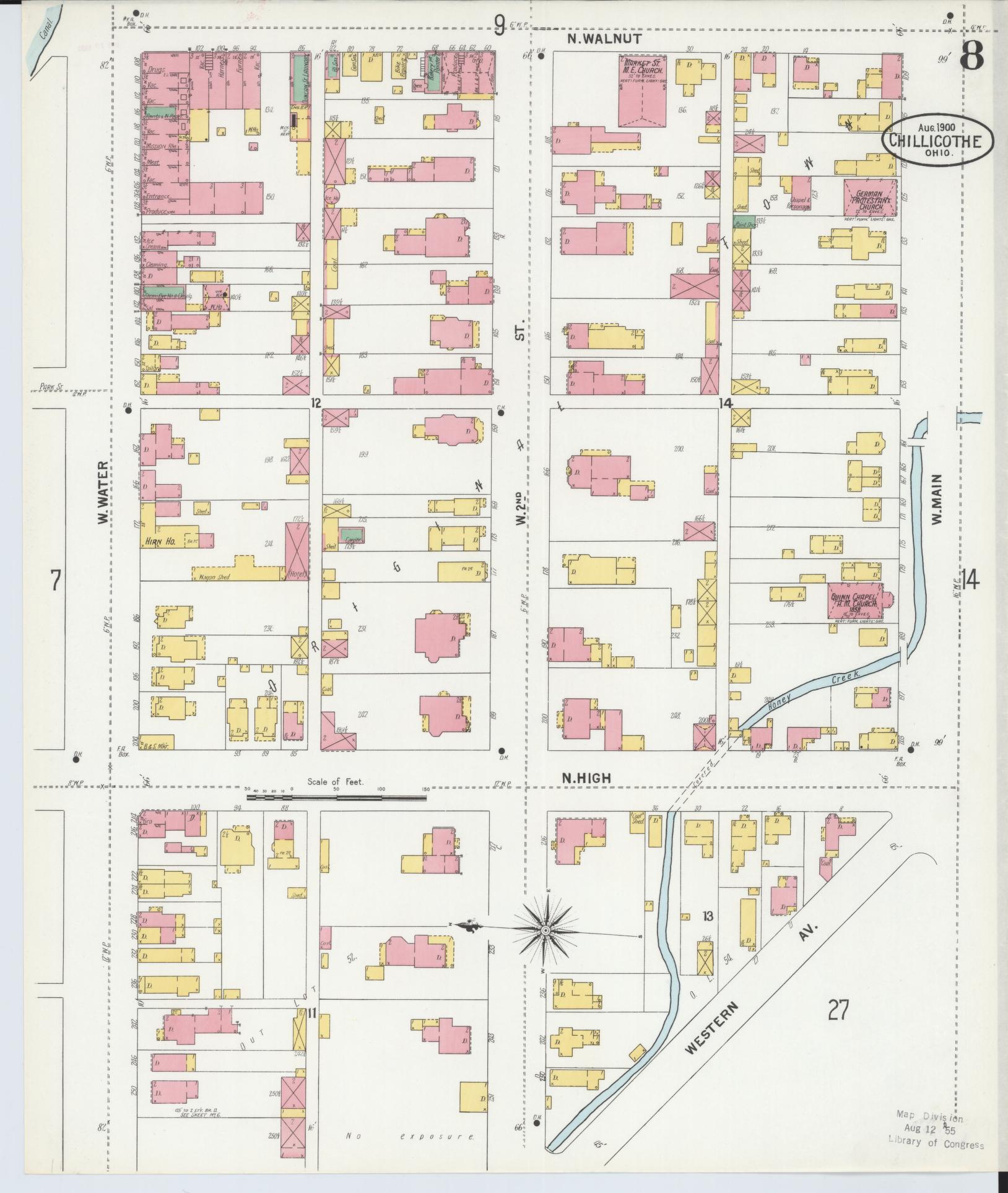 Sanborn Fire Insurance Map from Chillicothe, Ross County, Ohio (1900), Sheet #0008 - Historic Sanborn Fire Insurance Map Print, vintage old map wall art, antique decor, genealogy gift, Ohio Ohio map