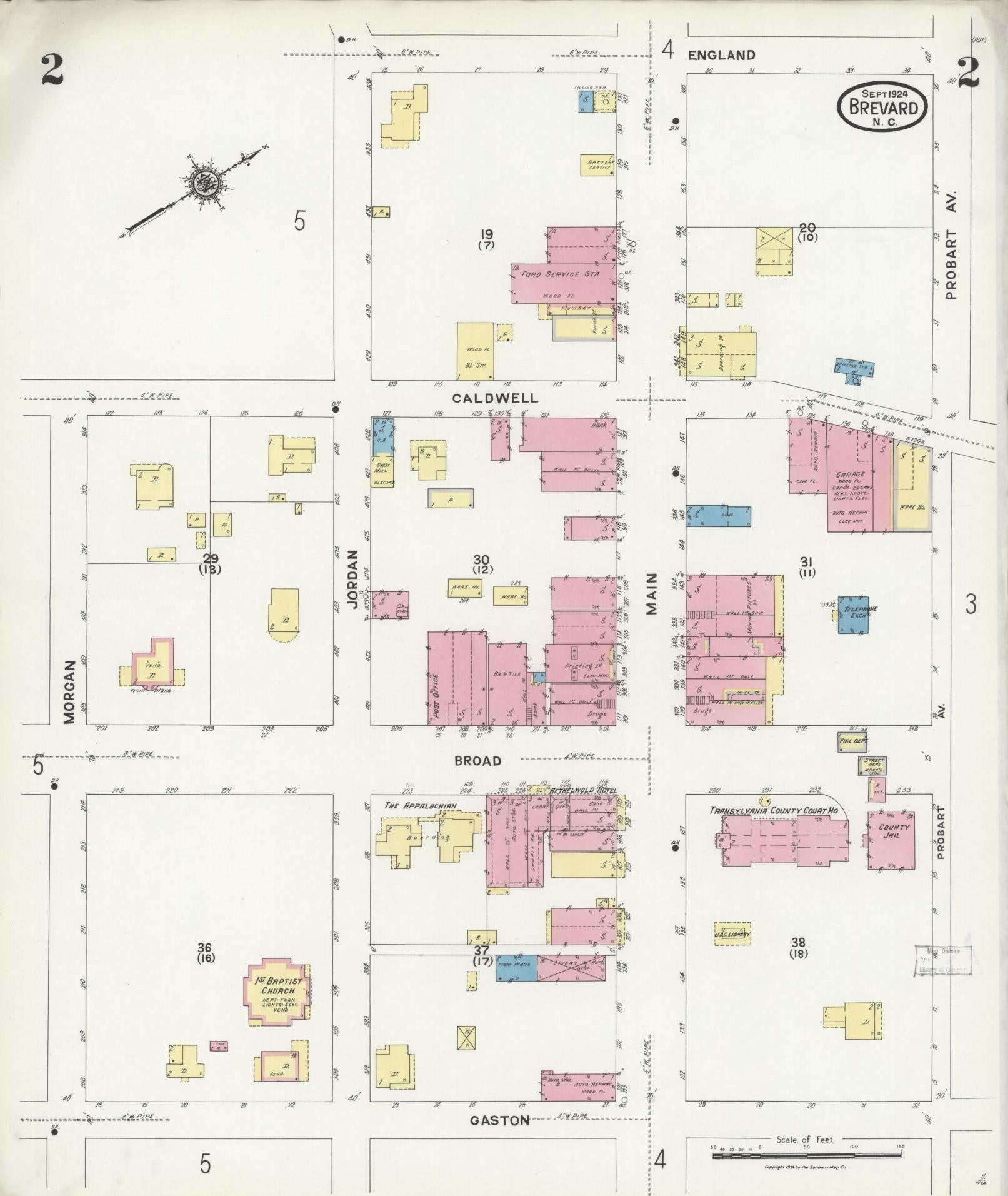 Sanborn Fire Insurance Map from Brevard, Transylvania County, North Carolina (1924), Sheet #0002 - Complete Map Set gallery image, historic Sanborn map, vintage wall art, North Carolina North Carolina