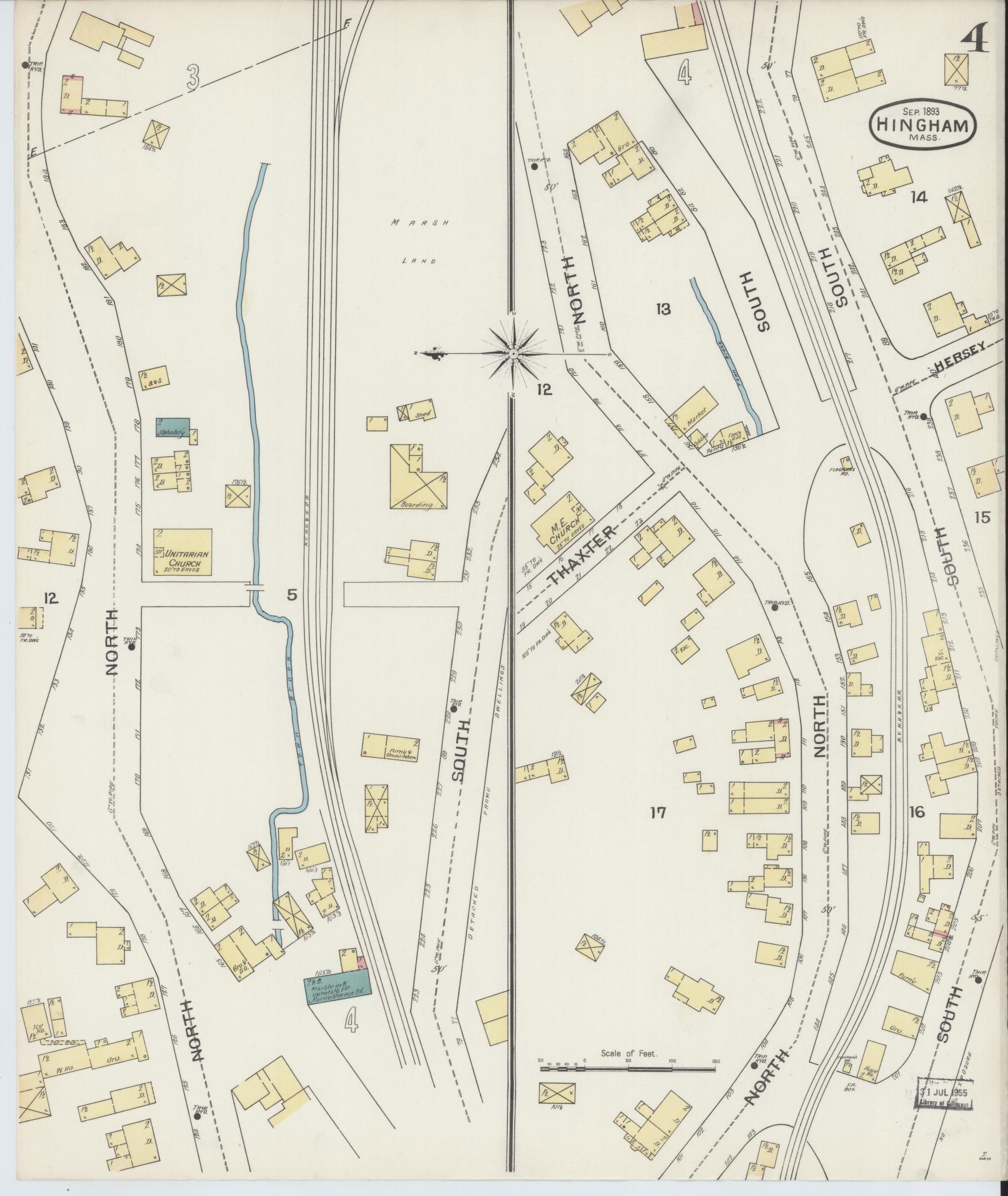 Sanborn Fire Insurance Map from Hingham, Plymouth County, Massachusetts (1893), Sheet #0004 - Historic Sanborn Fire Insurance Map Print, vintage old map wall art, antique decor, genealogy gift, Massachusetts Massachusetts map