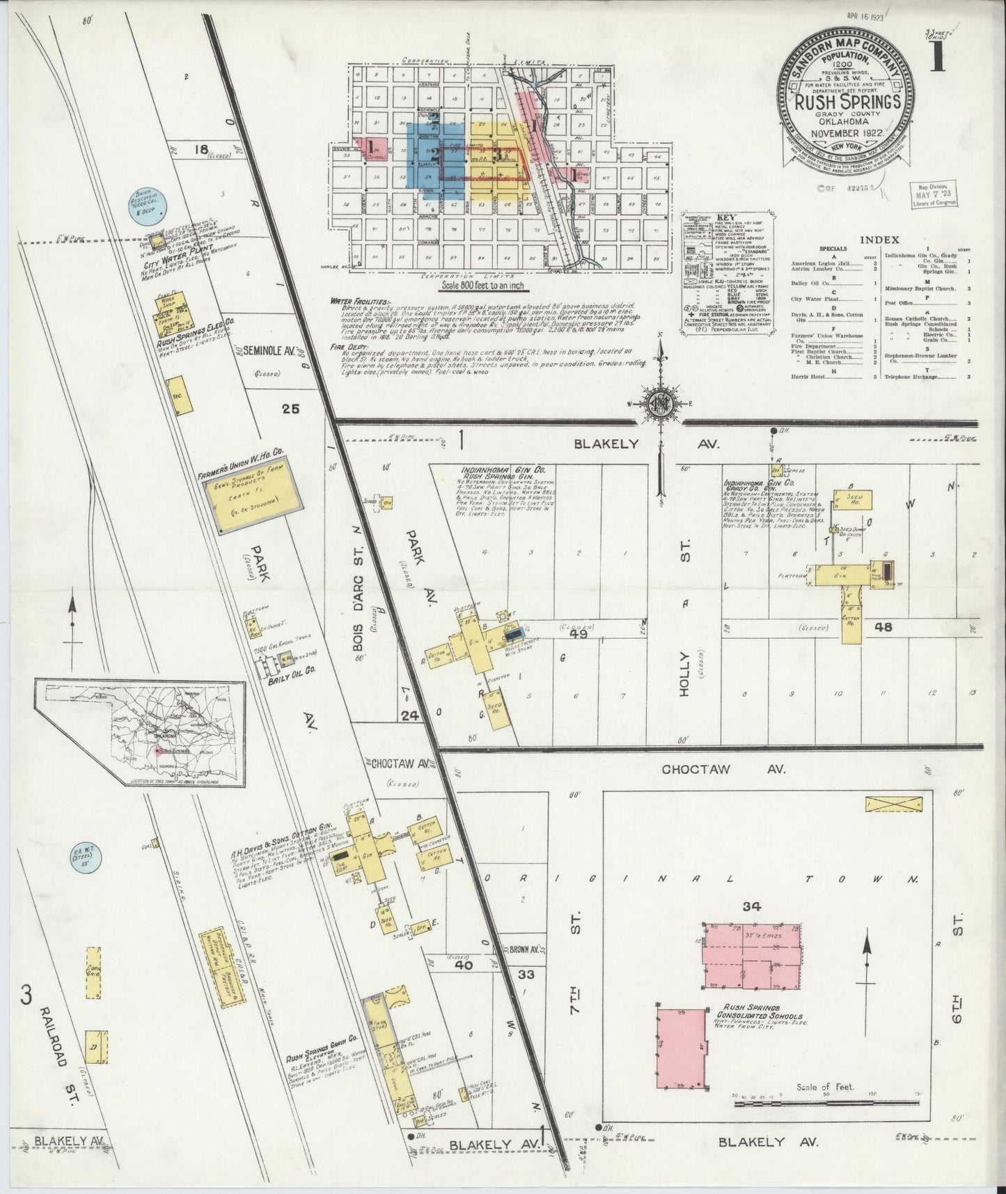 Sanborn Fire Insurance Map from Rush Springs, Grady County, Oklahoma (1922), Sheet #0001 - Historic Sanborn Fire Insurance Map Print, vintage old map wall art, antique decor, genealogy gift, Oklahoma Oklahoma map