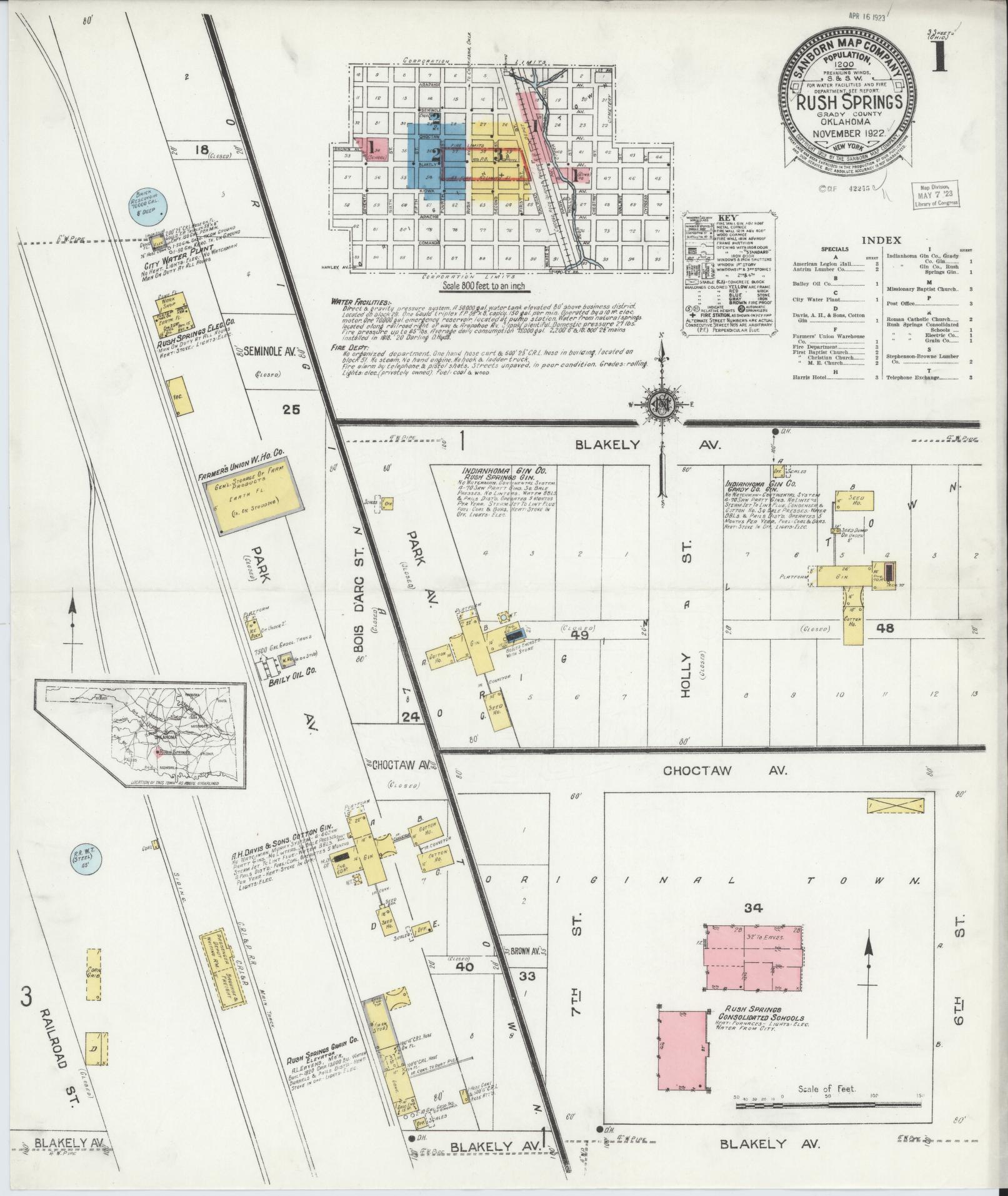 Sanborn Fire Insurance Map from Rush Springs, Grady County, Oklahoma (1922), Sheet #0001 - Historic Sanborn Fire Insurance Map Print, vintage old map wall art, antique decor, genealogy gift, Oklahoma Oklahoma map