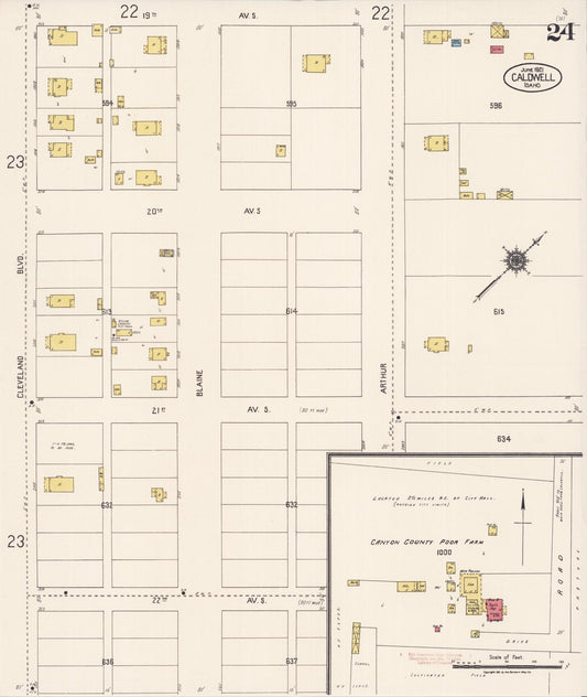 Sanborn Fire Insurance Map from Caldwell, Canyon County, Idaho (1921), Sheet #0024 - Historic Sanborn Fire Insurance Map Print, vintage old map wall art, antique decor, genealogy gift, Idaho Idaho map