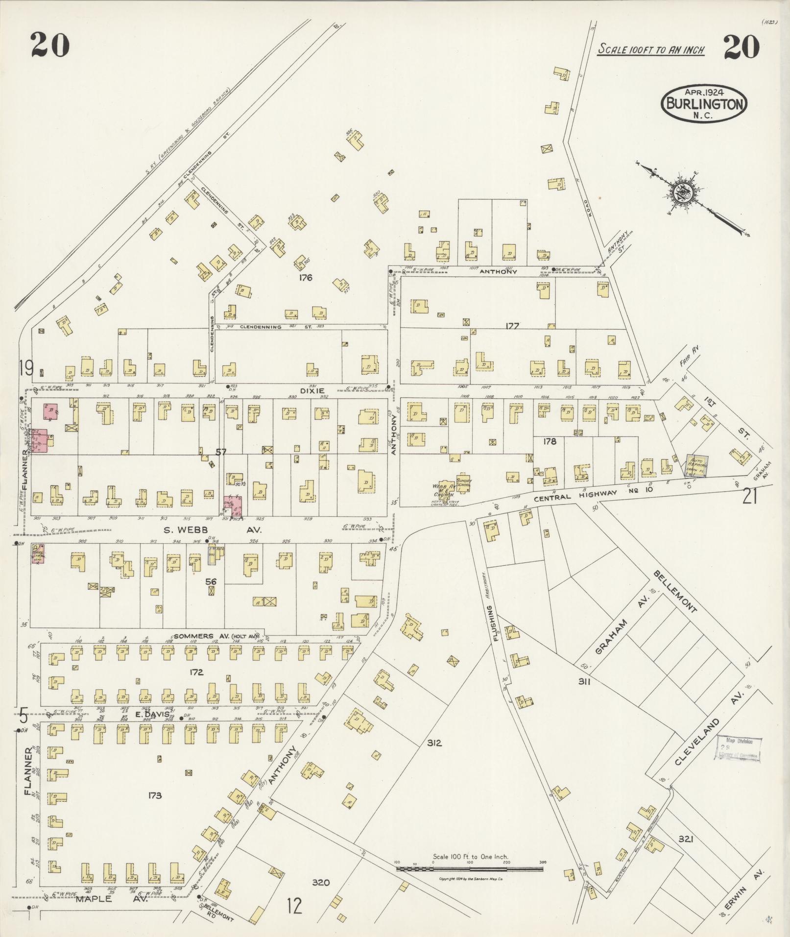 Sanborn Fire Insurance Map from Burlington, Alamance County, North Carolina (1924), Sheet #0020 - Complete Map Set gallery image, historic Sanborn map, vintage wall art, North Carolina North Carolina