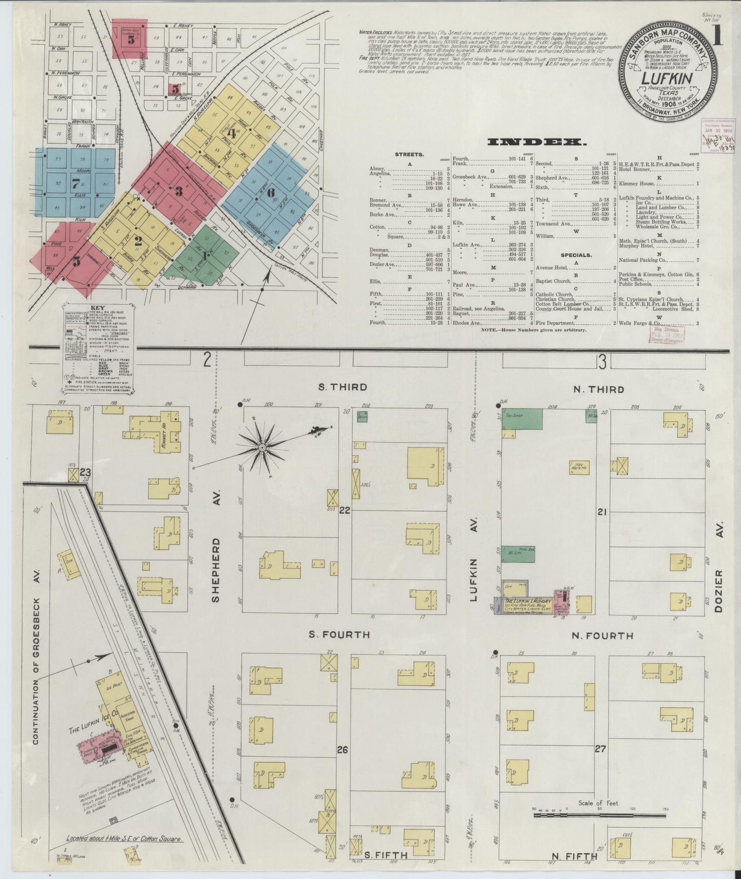 Sanborn Fire Insurance Map from Lufkin, Angelina County, Texas (1908), Sheet #0001 - Historic Sanborn Fire Insurance Map Print, vintage old map wall art, antique decor, genealogy gift, Texas Texas map