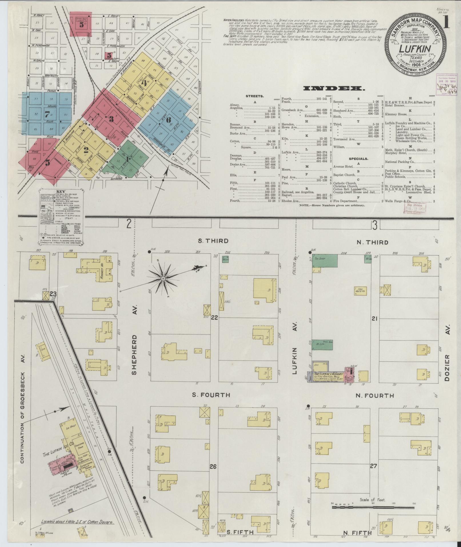 Sanborn Fire Insurance Map from Lufkin, Angelina County, Texas (1908), Sheet #0001 - Historic Sanborn Fire Insurance Map Print, vintage old map wall art, antique decor, genealogy gift, Texas Texas map
