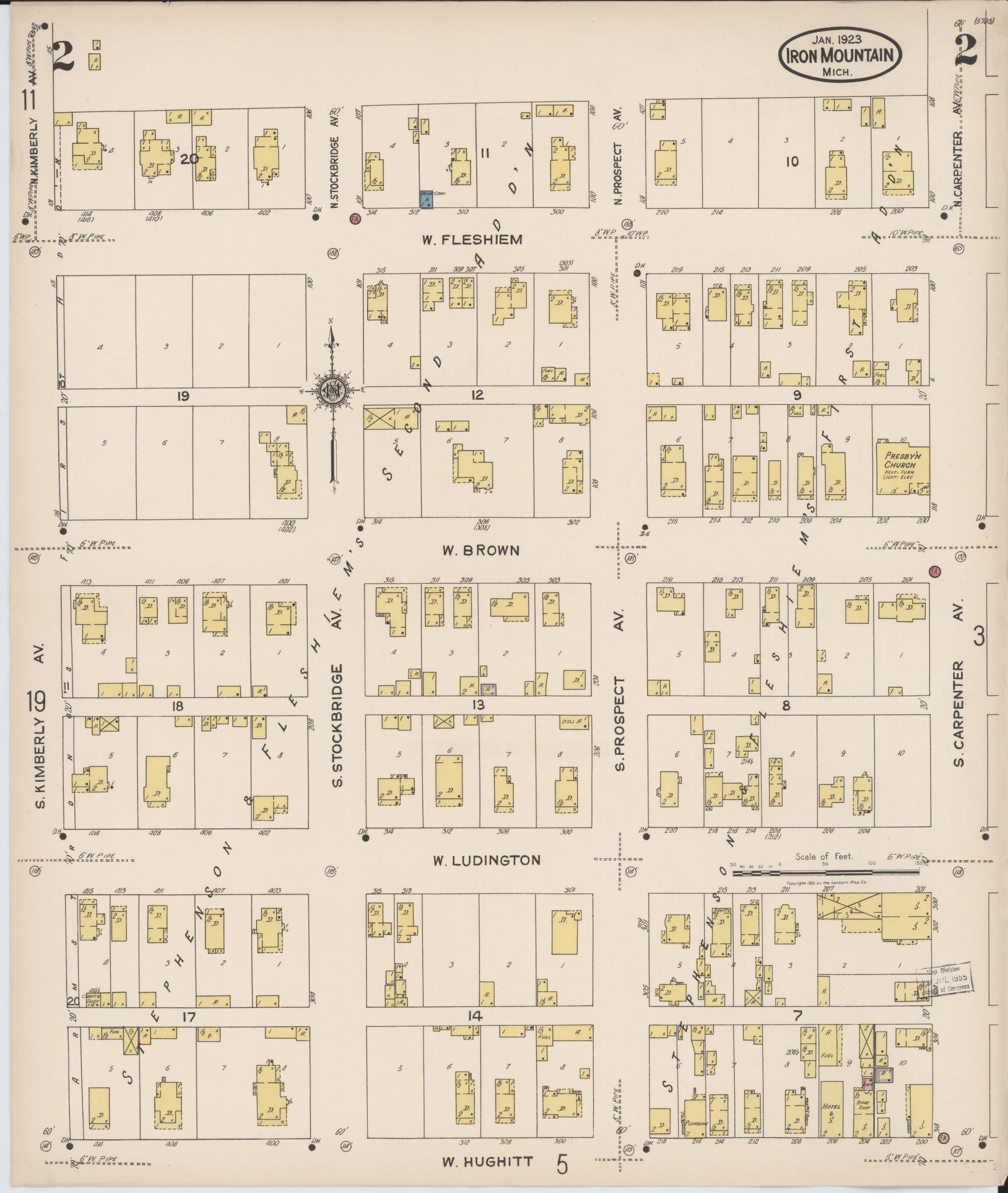 Sanborn Fire Insurance Map from Iron Mountain, Dickinson County, Michigan (1923), Sheet #0002 - Historic Sanborn Fire Insurance Map Print, vintage old map wall art, antique decor, genealogy gift, Michigan Michigan map