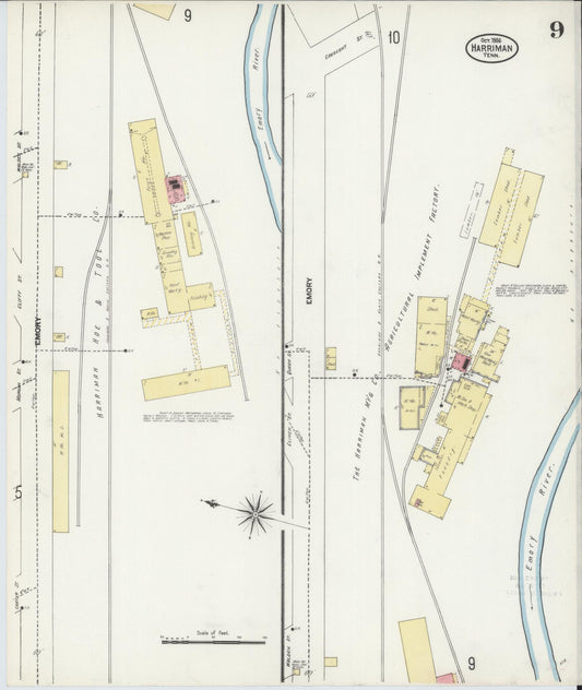 Sanborn Fire Insurance Map from Harriman, Roane County, Tennessee (1906), Sheet #0009 - Historic Sanborn Fire Insurance Map Print, vintage old map wall art, antique decor, genealogy gift, Tennessee Tennessee map