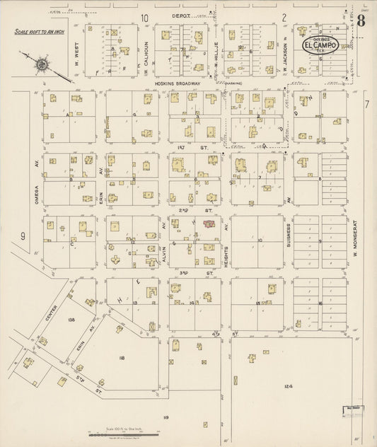 Sanborn Fire Insurance Map from El Campo, Wharton County, Texas (1922), Sheet #0008 - Historic Sanborn Fire Insurance Map Print, vintage old map wall art, antique decor, genealogy gift, Texas Texas map