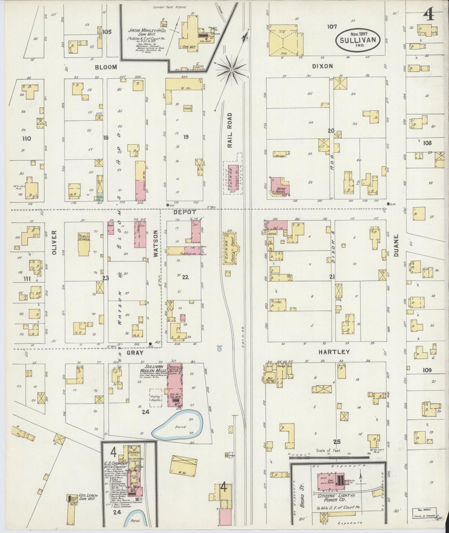 Sanborn Fire Insurance Map from Sullivan, Sullivan County, Indiana (1897), Sheet #0004 - Historic Sanborn Fire Insurance Map Print, vintage old map wall art, antique decor, genealogy gift, Indiana Indiana map