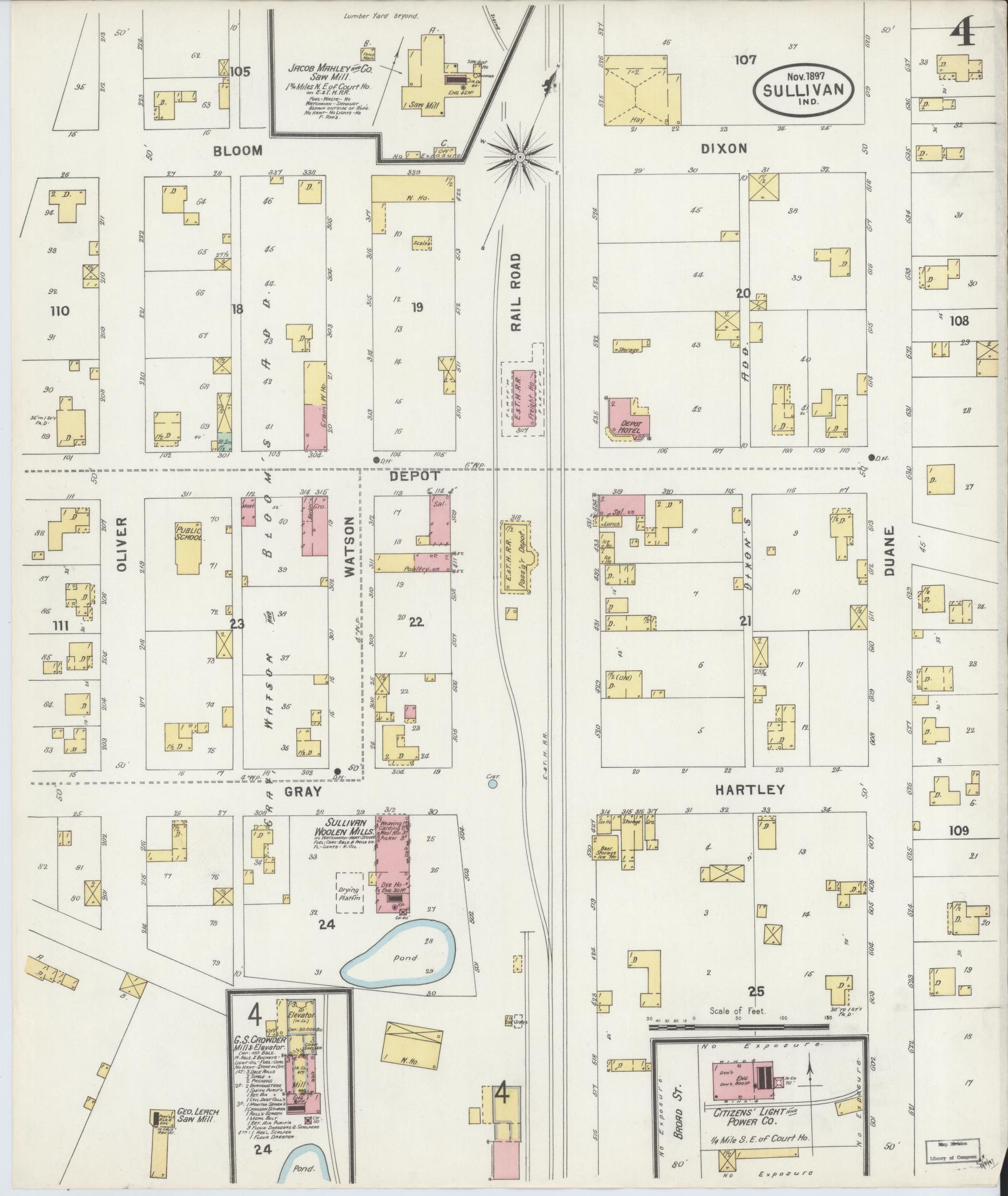 Sanborn Fire Insurance Map from Sullivan, Sullivan County, Indiana (1897), Sheet #0004 - Historic Sanborn Fire Insurance Map Print, vintage old map wall art, antique decor, genealogy gift, Indiana Indiana map