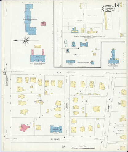 Sanborn Fire Insurance Map from Columbia, Boone County, Missouri (1908), Sheet #0014 - Complete Map Set gallery image, historic Sanborn map, vintage wall art, Missouri Missouri