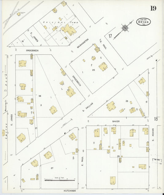 Sanborn Fire Insurance Map from Bryan, Brazos County, Texas (1912), Sheet #0019 - Historic Sanborn Fire Insurance Map Print, vintage old map wall art, antique decor, genealogy gift, Texas Texas map
