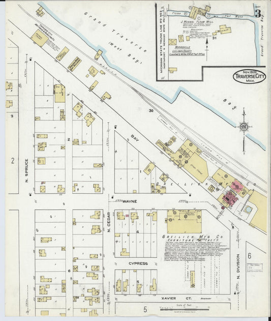 Sanborn Fire Insurance Map from Traverse City, Grand Traverse County, Michigan (1920), Sheet #0003 - Historic Sanborn Fire Insurance Map Print, vintage old map wall art, antique decor, genealogy gift, Michigan Michigan map