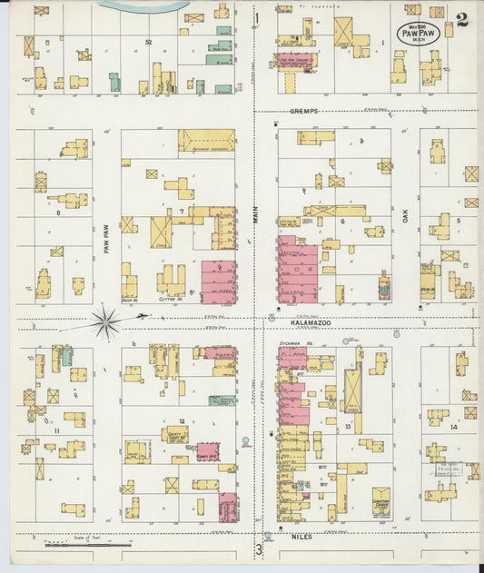 Sanborn Fire Insurance Map from Paw Paw, Van Buren County, Michigan (1899), Sheet #0002 - Historic Sanborn Fire Insurance Map Print, vintage old map wall art, antique decor, genealogy gift, Michigan Michigan map
