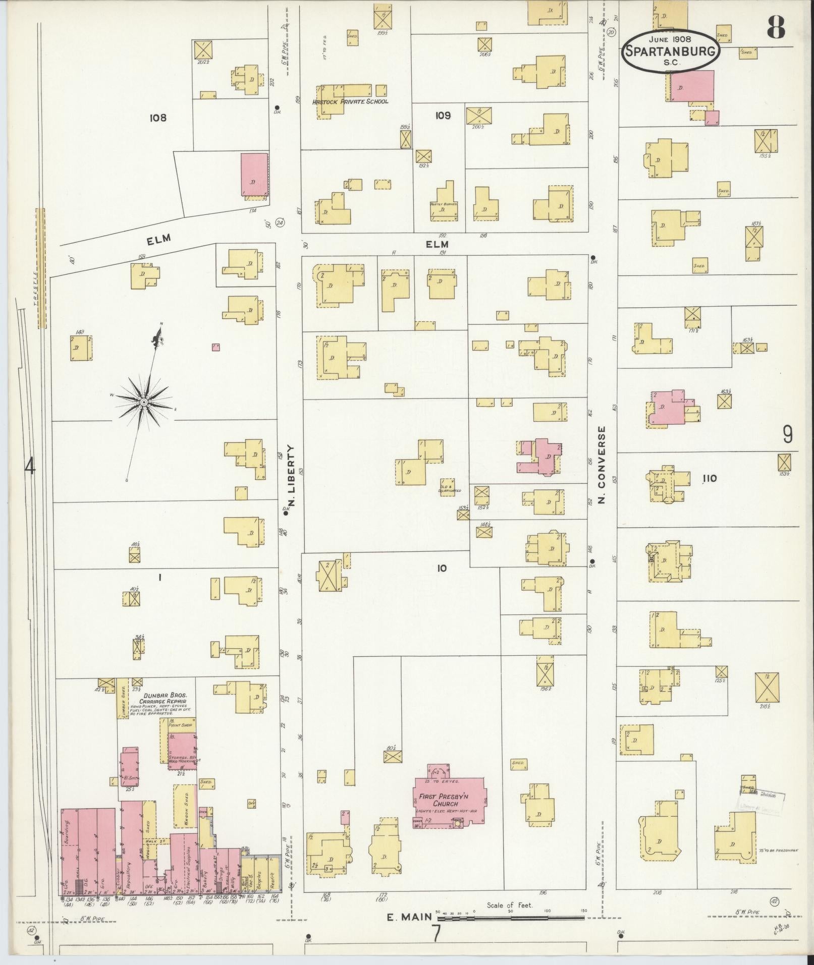 Sanborn Fire Insurance Map from Spartanburg, Spartanburg County, South Carolina (1908), Sheet #0008 - Complete Map Set gallery image, historic Sanborn map, vintage wall art, South Carolina South Carolina