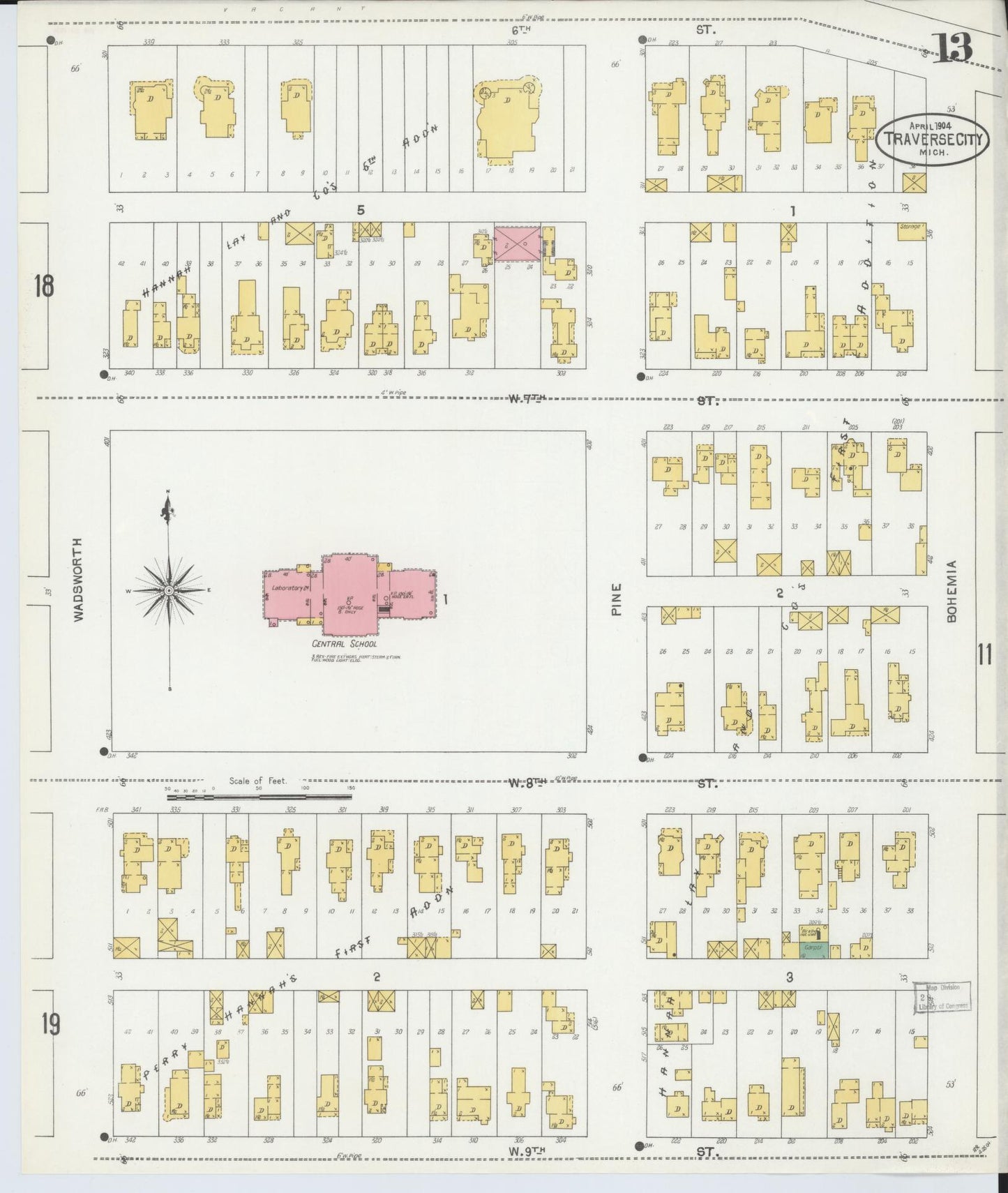 Sanborn Fire Insurance Map from Traverse City, Grand Traverse County, Michigan (1904), Sheet #0013 - Historic Sanborn Fire Insurance Map Print, vintage old map wall art, antique decor, genealogy gift, Michigan Michigan map