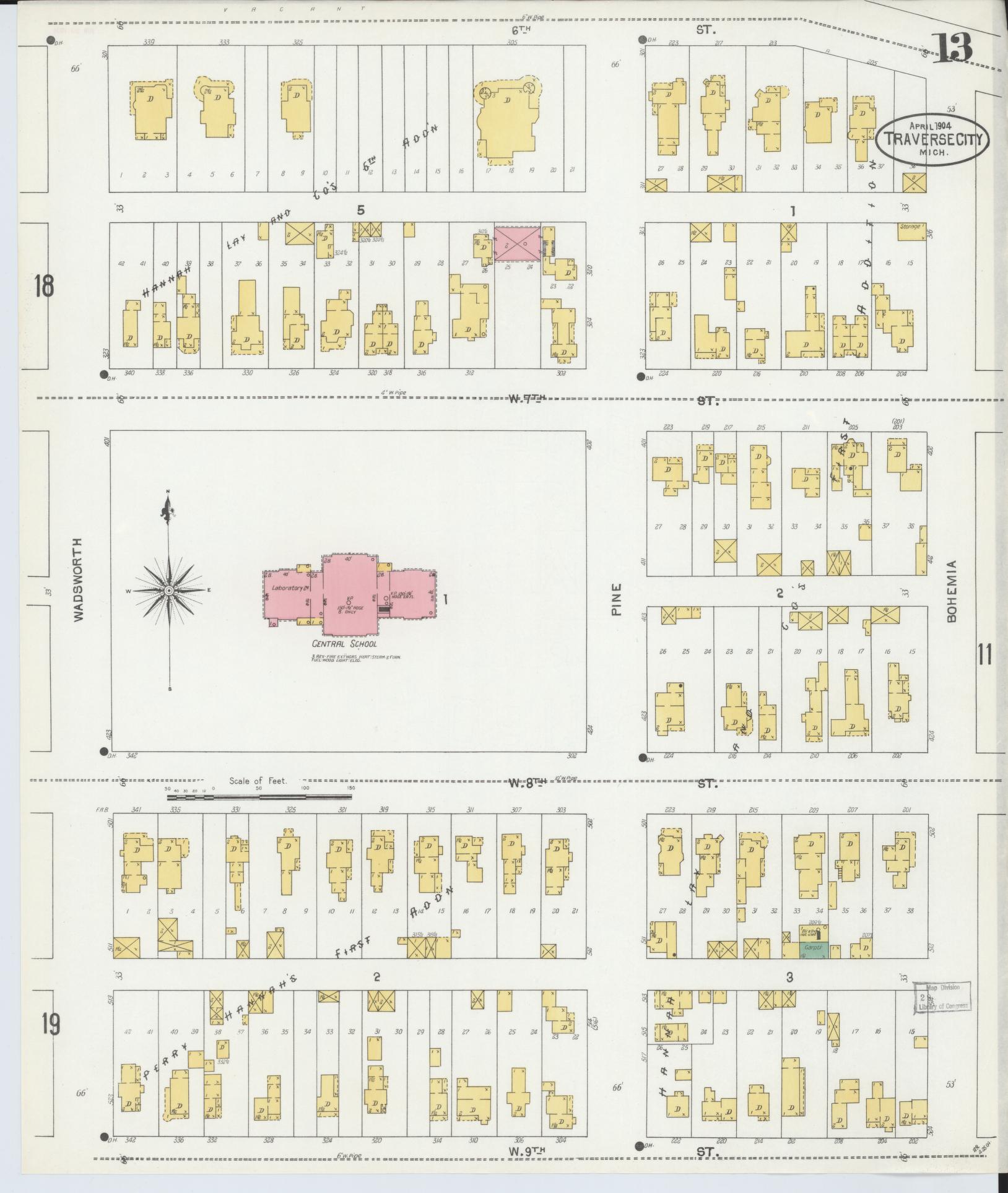 Sanborn Fire Insurance Map from Traverse City, Grand Traverse County, Michigan (1904), Sheet #0013 - Historic Sanborn Fire Insurance Map Print, vintage old map wall art, antique decor, genealogy gift, Michigan Michigan map