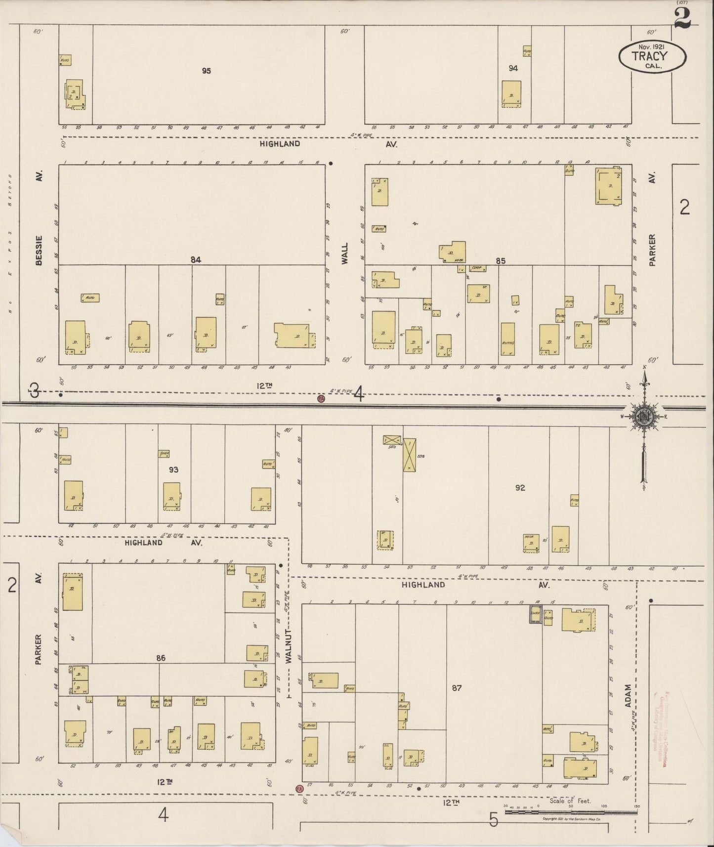 Sanborn Fire Insurance Map from Tracy, San Joaquin County, California (1921), Sheet #0002 - Complete Map Set gallery image, historic Sanborn map, vintage wall art, California California