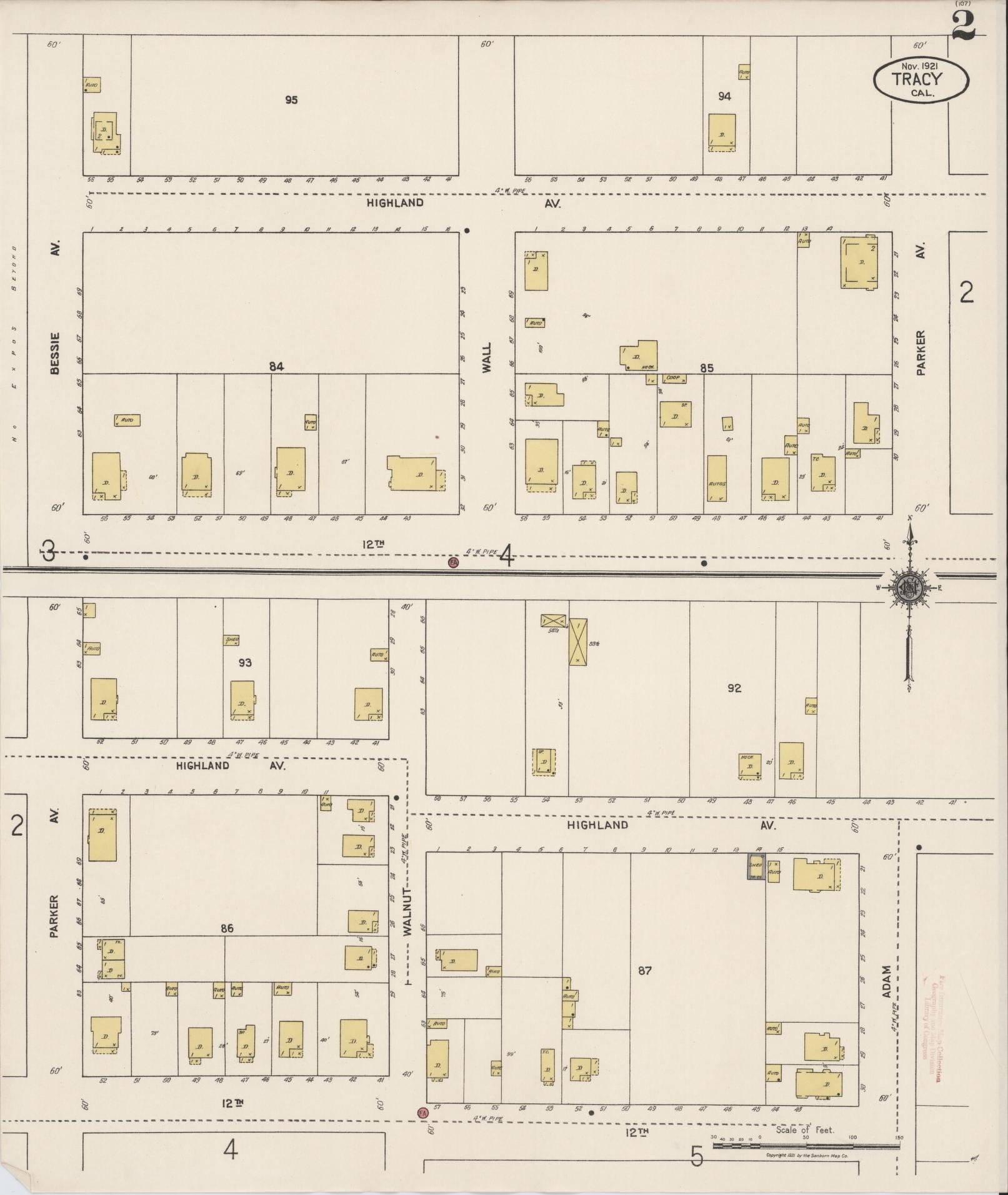 Sanborn Fire Insurance Map from Tracy, San Joaquin County, California (1921), Sheet #0002 - Complete Map Set gallery image, historic Sanborn map, vintage wall art, California California