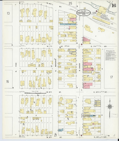 Sanborn Fire Insurance Map from Traverse City, Grand Traverse County, Michigan (1910), Sheet #0016 - Historic Sanborn Fire Insurance Map Print, vintage old map wall art, antique decor, genealogy gift, Michigan Michigan map