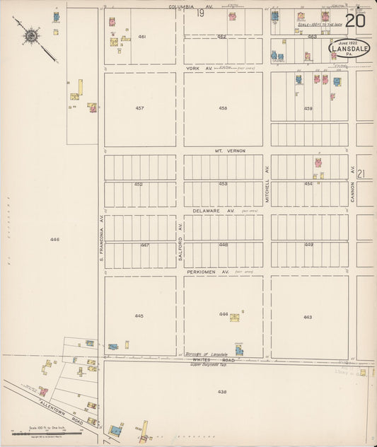 Sanborn Fire Insurance Map from Lansdale, Montgomery County, Pennsylvania (1922), Sheet #0020 - Historic Sanborn Fire Insurance Map Print, vintage old map wall art, antique decor, genealogy gift, Pennsylvania Pennsylvania map