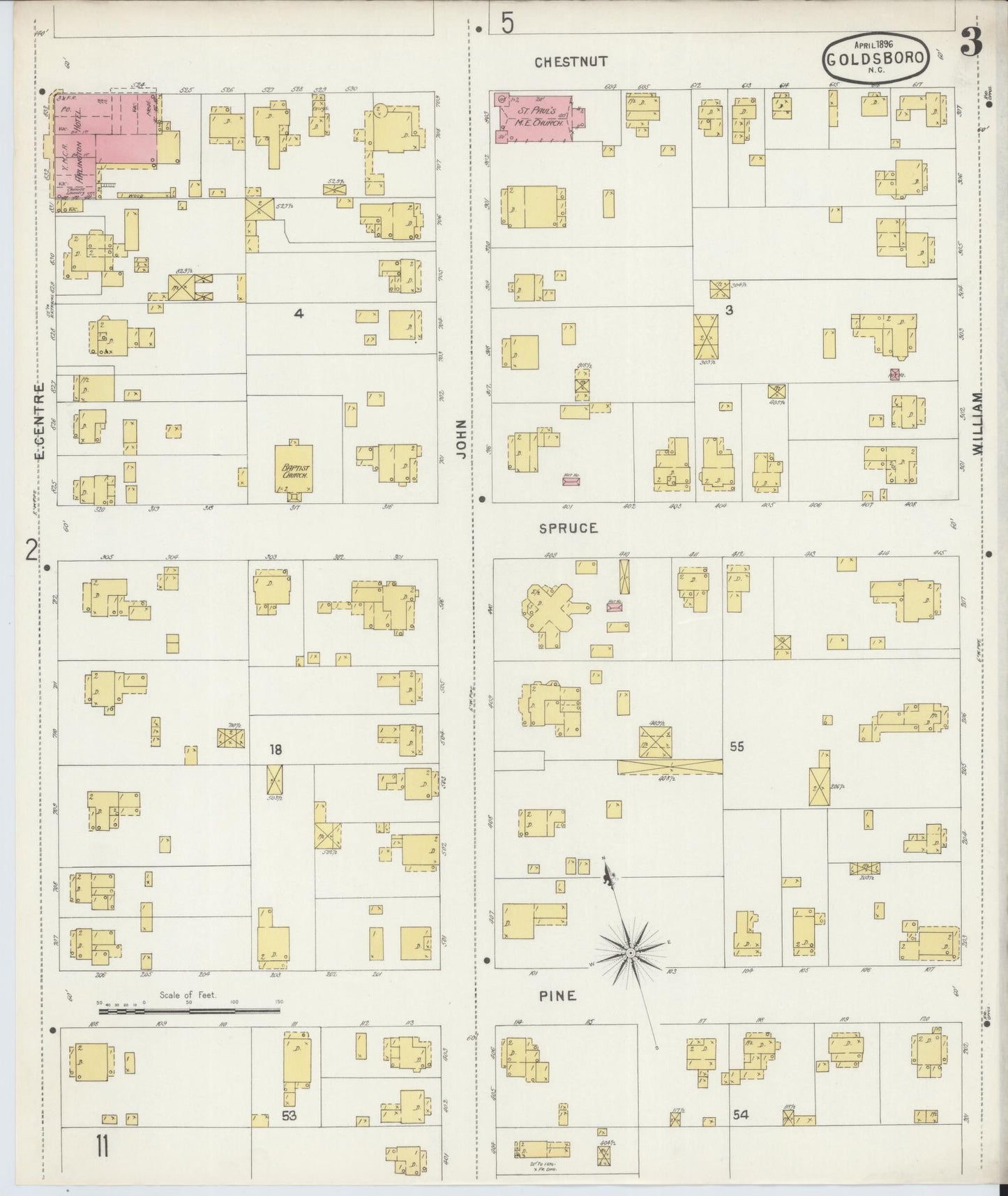 Sanborn Fire Insurance Map from Goldsboro, Wayne County, North Carolina (1896), Sheet #0003 - Complete Map Set gallery image, historic Sanborn map, vintage wall art, North Carolina North Carolina