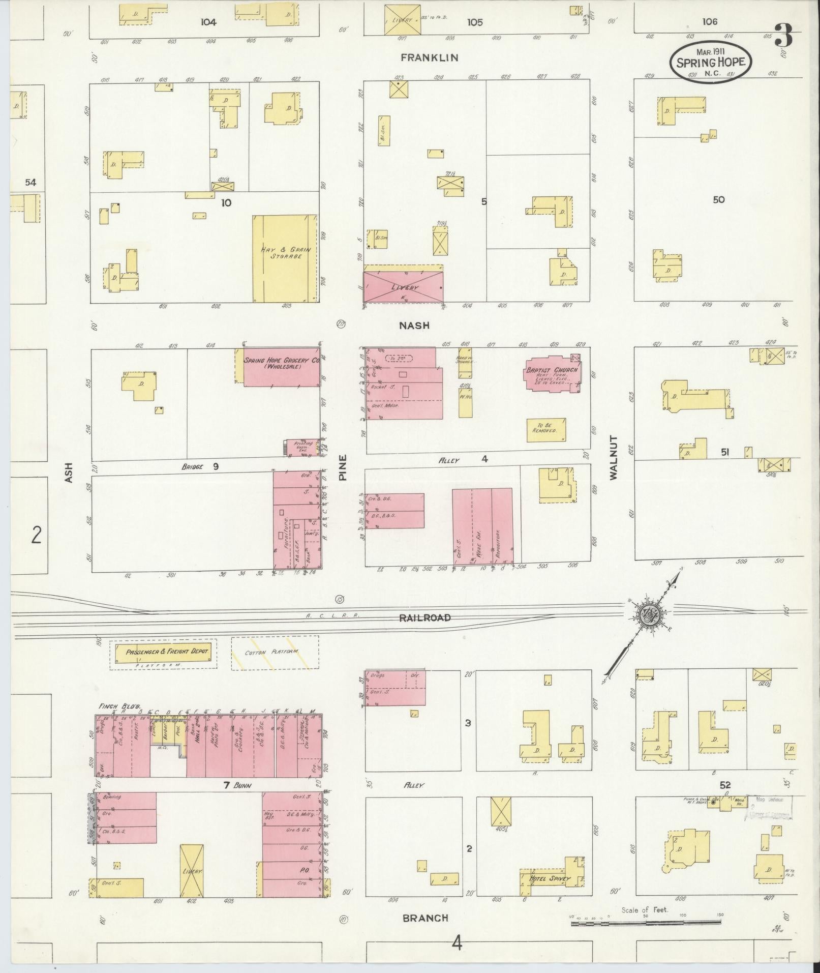 Sanborn Fire Insurance Map from Spring Hope, Nash County, North Carolina (1911), Sheet #0003 - Historic Sanborn Fire Insurance Map Print, vintage old map wall art, antique decor, genealogy gift, North Carolina North Carolina map