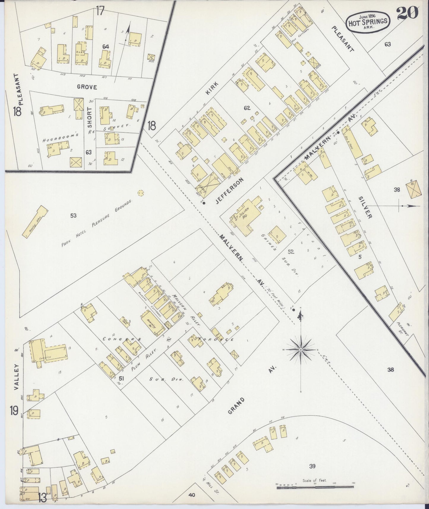 Sanborn Fire Insurance Map from Hot Springs, Garland County, Arkansas (1896), Sheet #0020 - Historic Sanborn Fire Insurance Map Print, vintage old map wall art, antique decor, genealogy gift, Arkansas Arkansas map