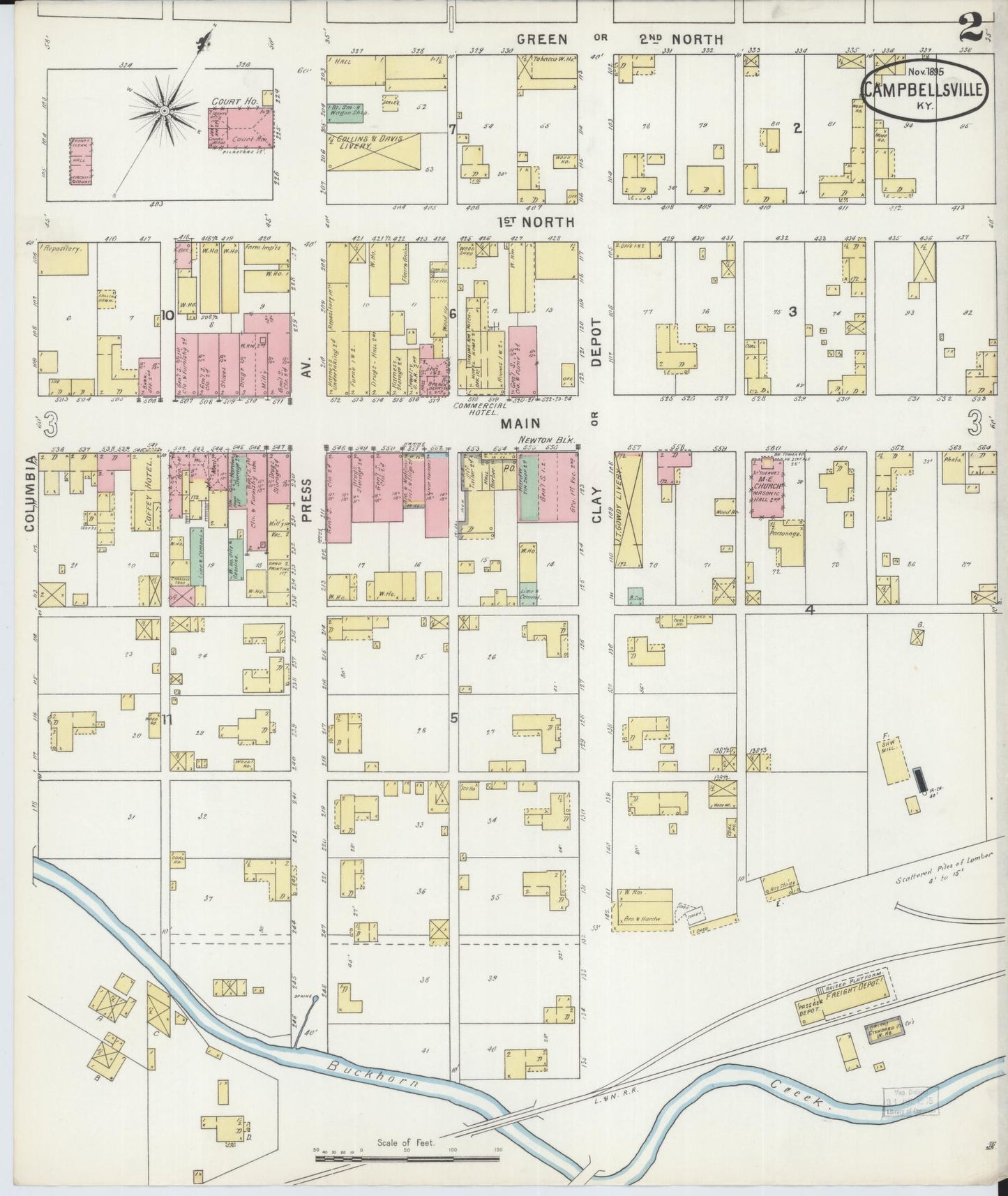Sanborn Fire Insurance Map from Campbellsville, Taylor County, Kentucky (1895), Sheet #0002 - Complete Map Set gallery image, historic Sanborn map, vintage wall art, Kentucky Kentucky