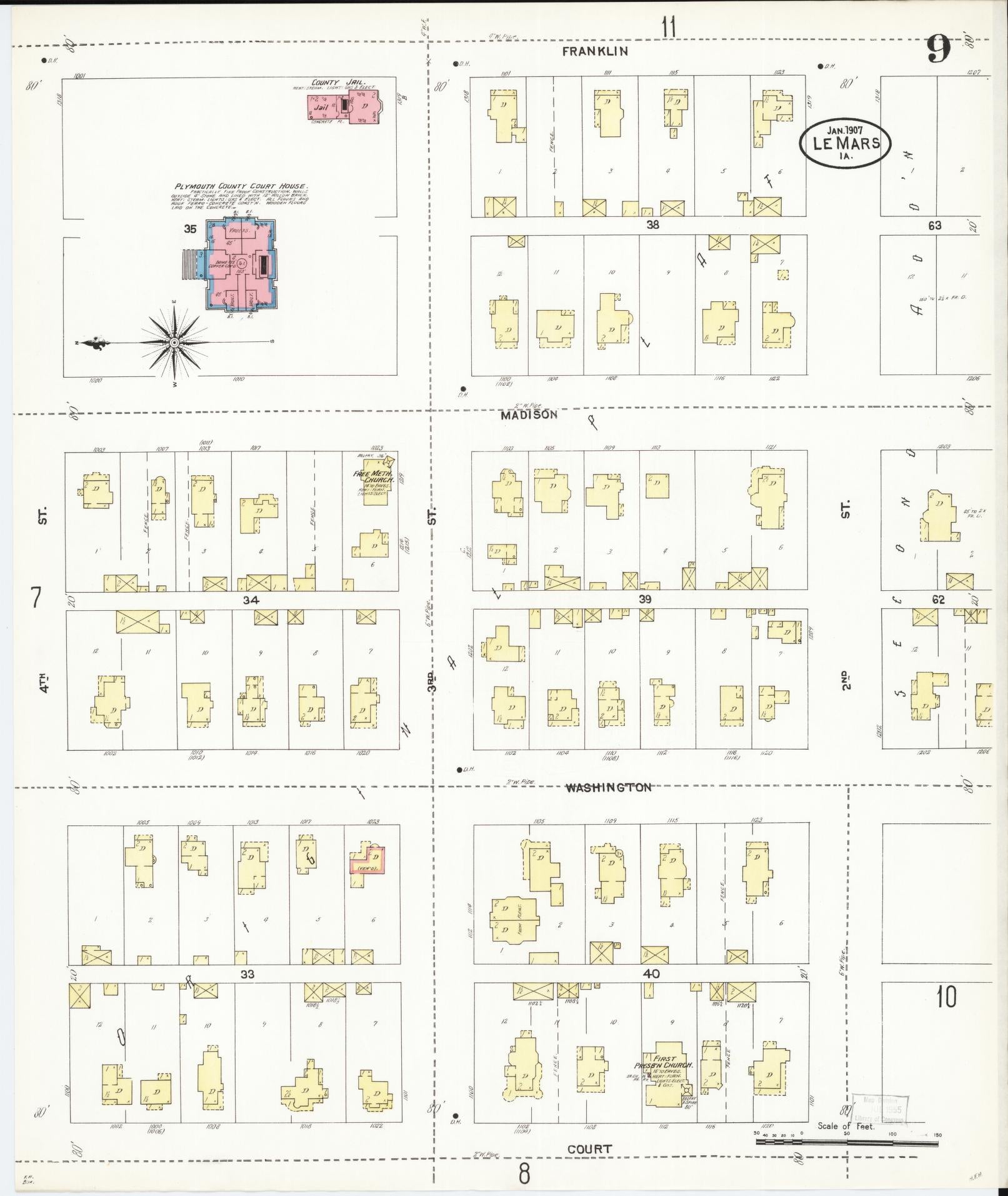 Sanborn Fire Insurance Map from Le Mars, Plymouth County, Iowa (1907), Sheet #0009 - Historic Sanborn Fire Insurance Map Print, vintage old map wall art