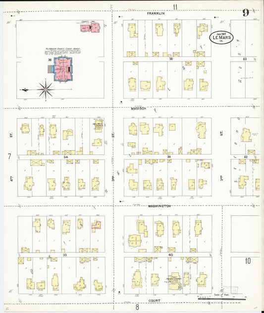 Sanborn Fire Insurance Map from Le Mars, Plymouth County, Iowa (1907), Sheet #0009 - Historic Sanborn Fire Insurance Map Print, vintage old map wall art