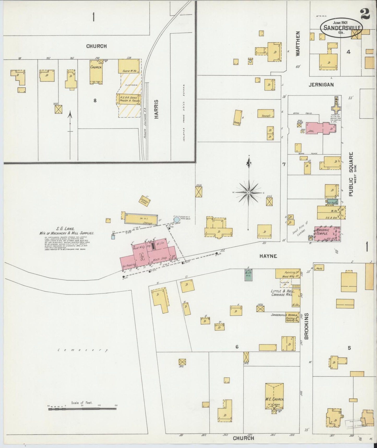 Sanborn Fire Insurance Map from Sandersville, Washington County, Georgia (1901), Sheet #0002 - Complete Map Set gallery image, historic Sanborn map, vintage wall art, Georgia Georgia