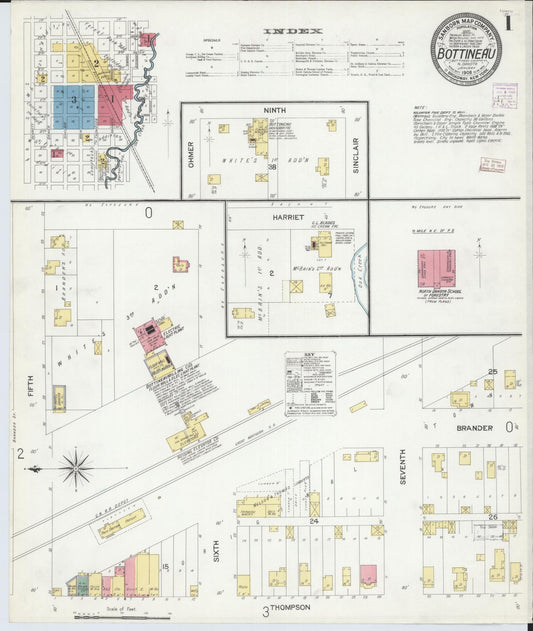 Sanborn Fire Insurance Map from Bottineau, Bottineau County, North Dakota (1908), Sheet #0001 - Complete Map Set gallery image, historic Sanborn map, vintage wall art, North Dakota North Dakota