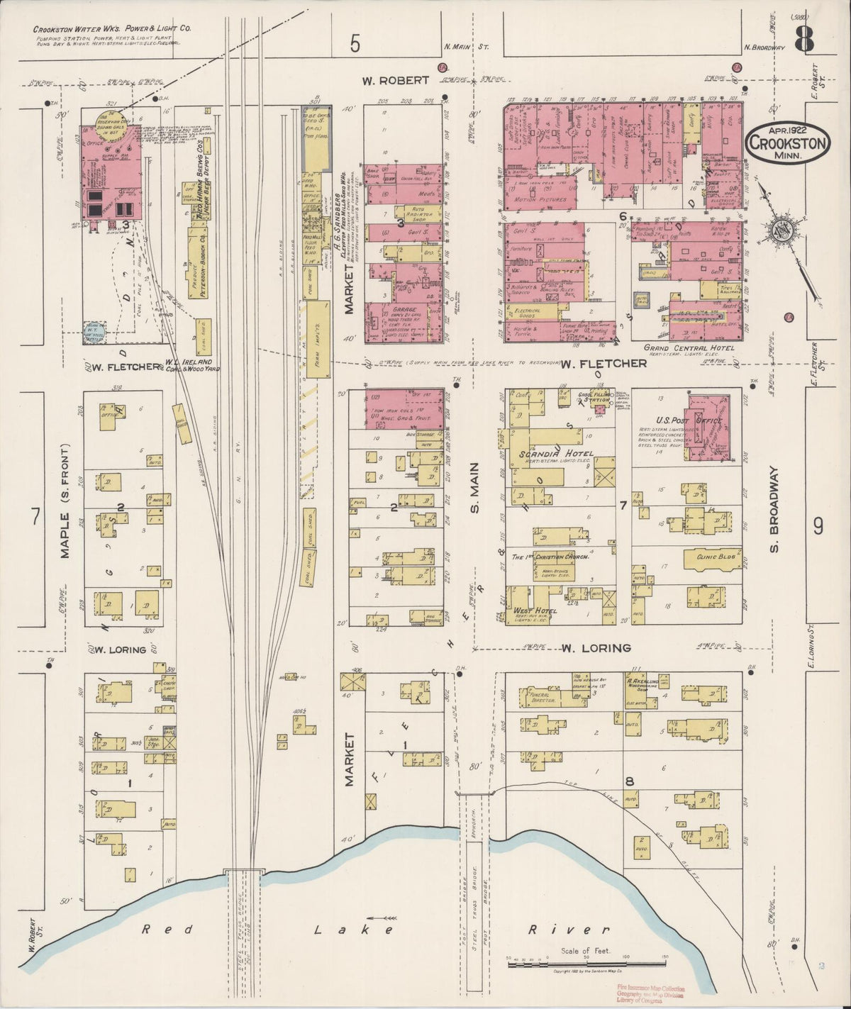 Sanborn Fire Insurance Map from Crookston, Polk County, Minnesota (1922), Sheet #0008 - Historic Sanborn Fire Insurance Map Print, vintage old map wall art, antique decor, genealogy gift, Minnesota Minnesota map