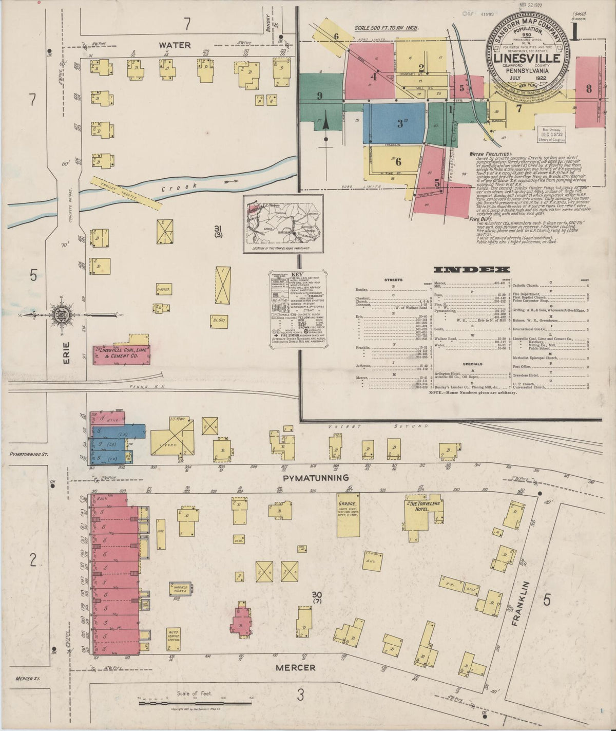 Sanborn Fire Insurance Map from Linesville, Crawford County, Pennsylvania (1922), Sheet #0001 - Historic Sanborn Fire Insurance Map Print, vintage old map wall art, antique decor, genealogy gift, Pennsylvania Pennsylvania map