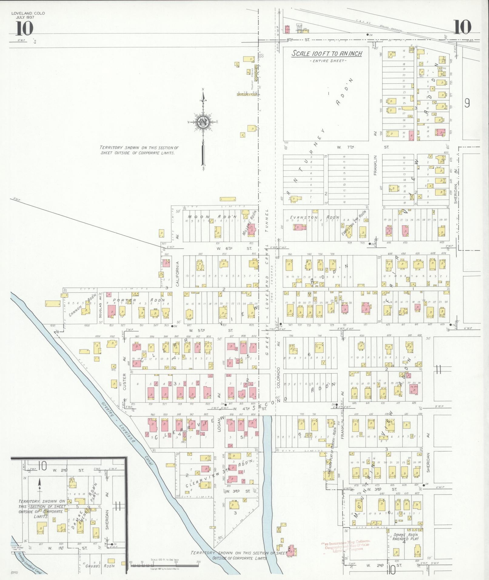 Sanborn Fire Insurance Map from Loveland, Larimer County, Colorado (1937), Sheet #0010 - Historic Sanborn Fire Insurance Map Print, vintage old map wall art, antique decor, genealogy gift, Colorado Colorado map